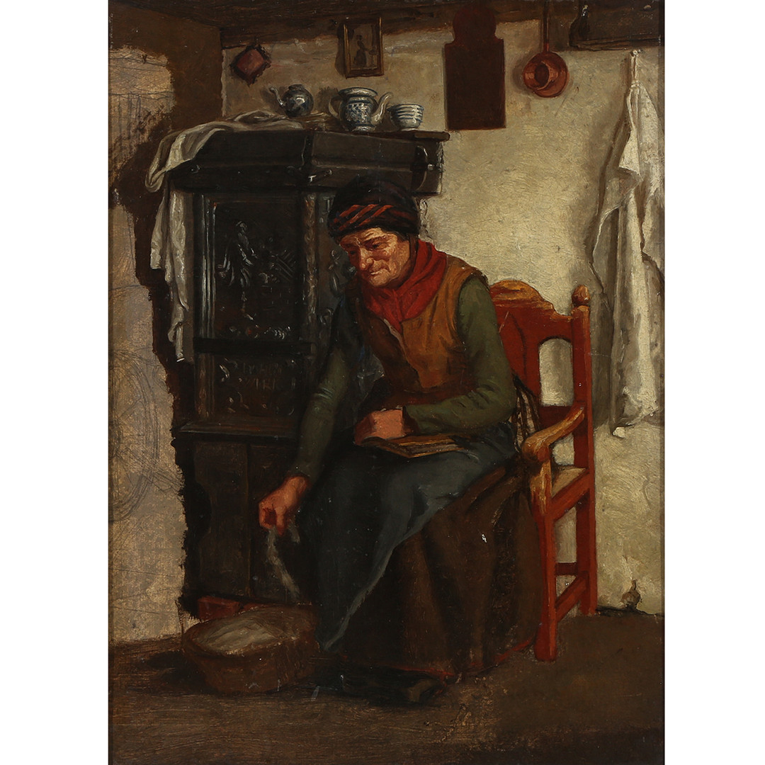 Ubekendt kunstner. Almueinteriør med kvinde der karter uld, olie på malerpap, 1800-tallet.