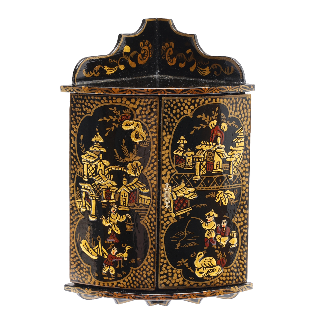 JUDITH DUNGER LACQUERED CHINOISERIE DOLLS' HOUSE CORNER CUPBOARD.