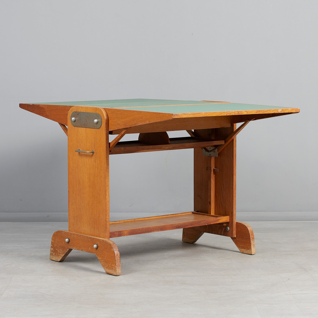 RACLEM, Klappbarer Tisch, Eiche, Linoleum, 1950er Jahre, Frankreich.