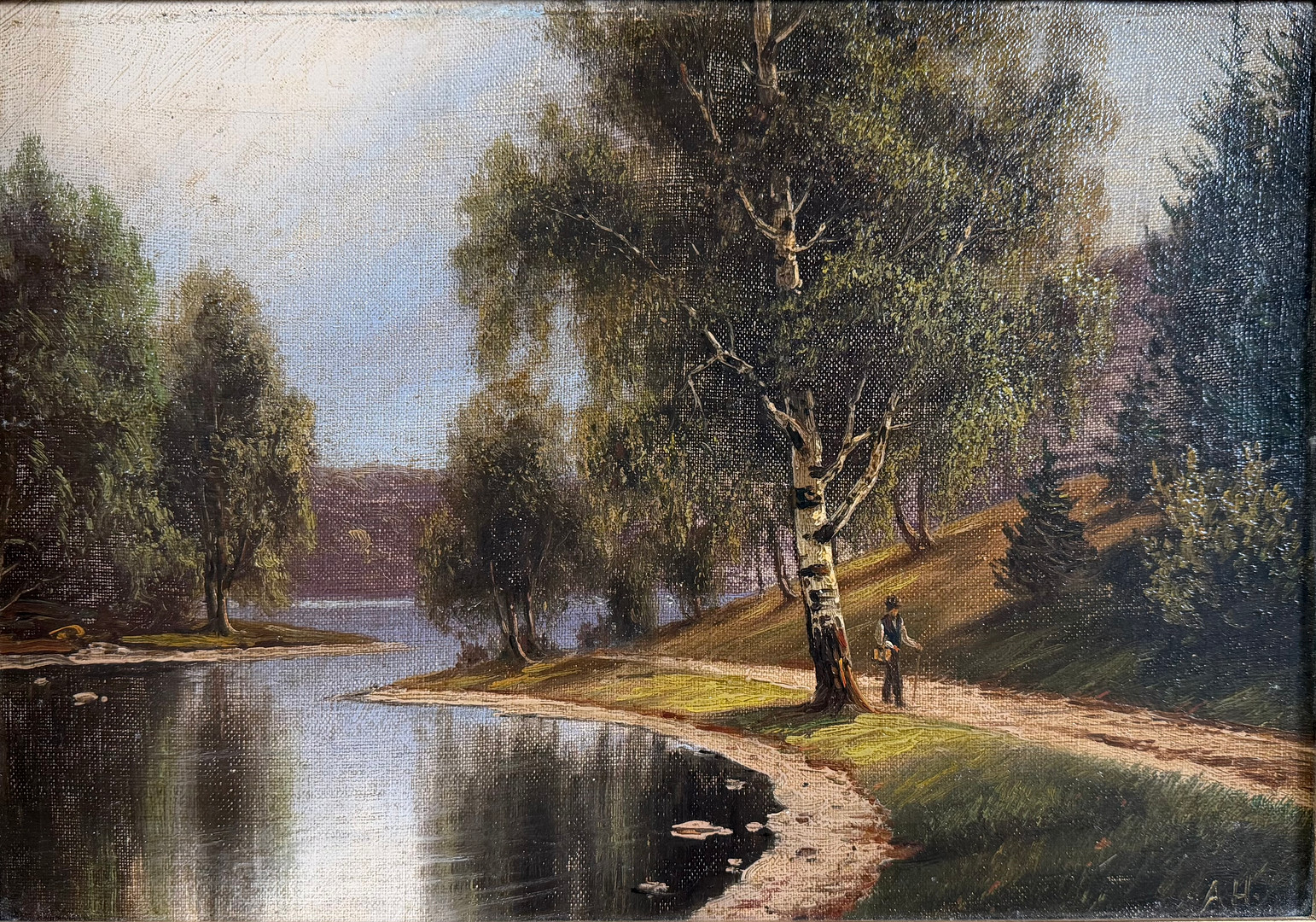 OIDENTIFIERAD KONSTNÄR (Engelsk skola, 1800-tal). Pittoreskt landskap, olja på duk, monogramsignerad AH.