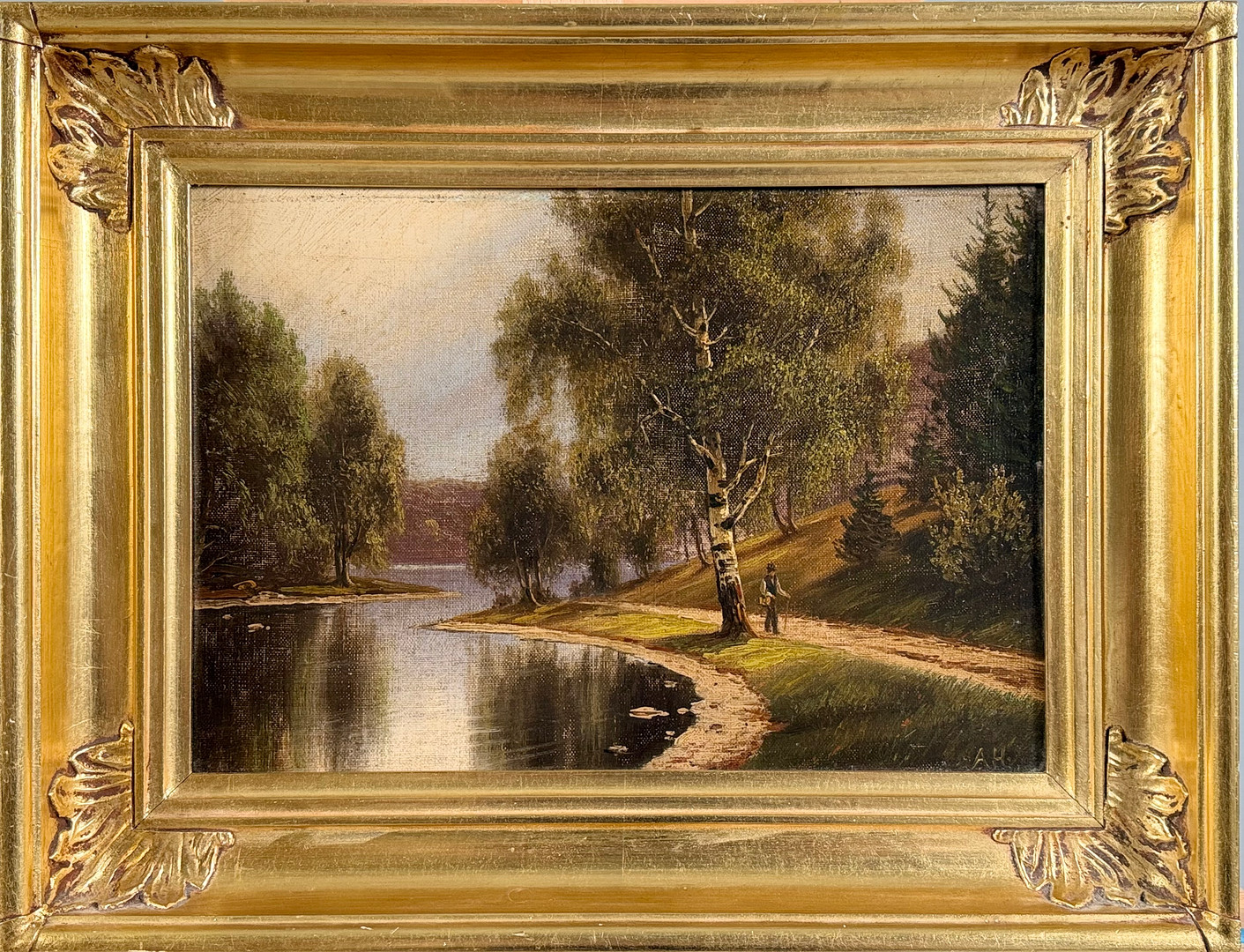 OIDENTIFIERAD KONSTNÄR (Engelsk skola, 1800-tal). Pittoreskt landskap, olja på duk, monogramsignerad AH.