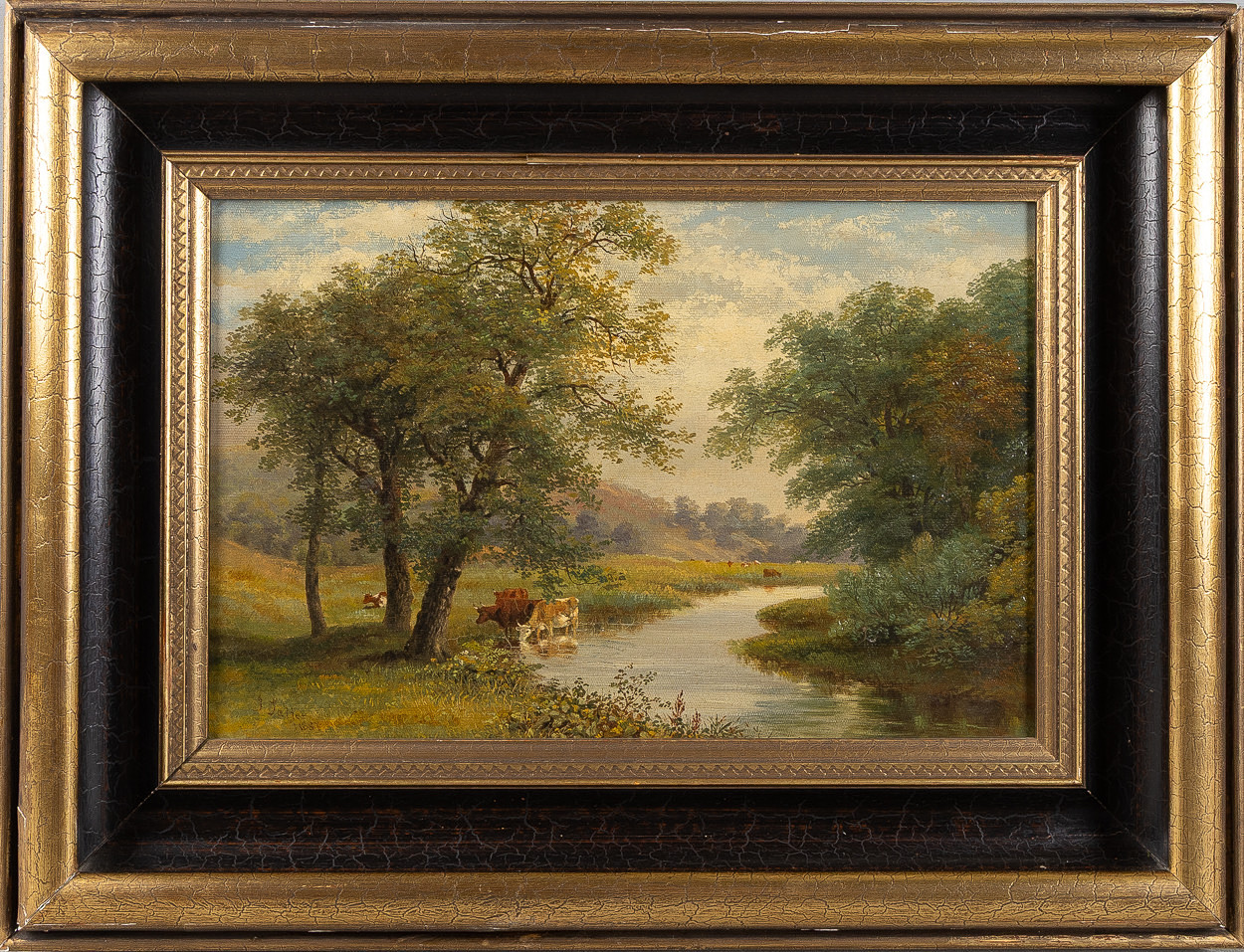 JOHN WILLIAM SALTER. Kor i landskap, olja på duk, daterad 1887.