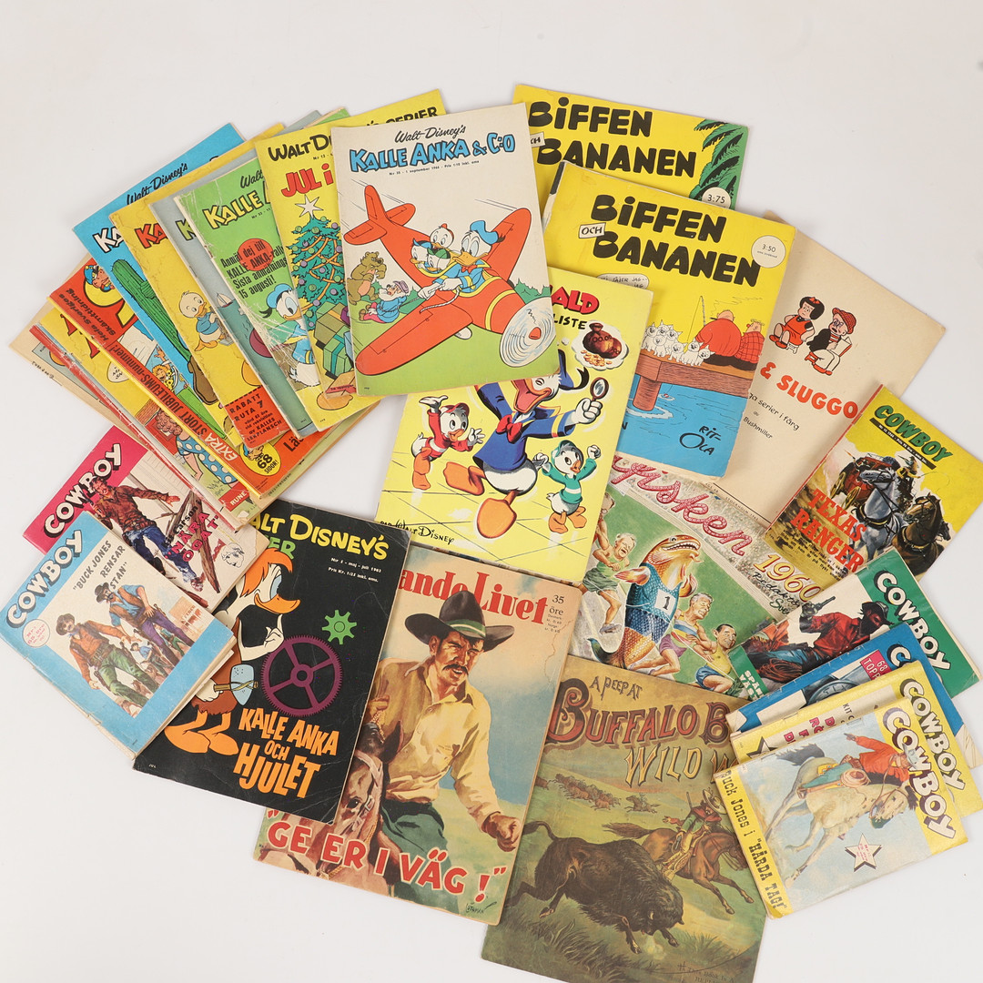 SERIETIDNINGAR, 24 stycken, bl. a. Kalle Anka och Biffen & Bananen, 1960-tal.