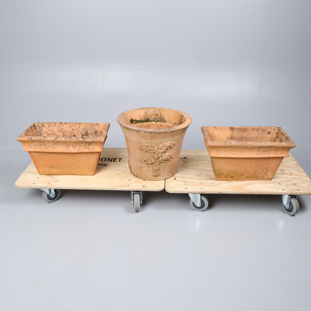 PAIR OF TERRACOTTA HERB POTS AND ANOTHER POT. (3).