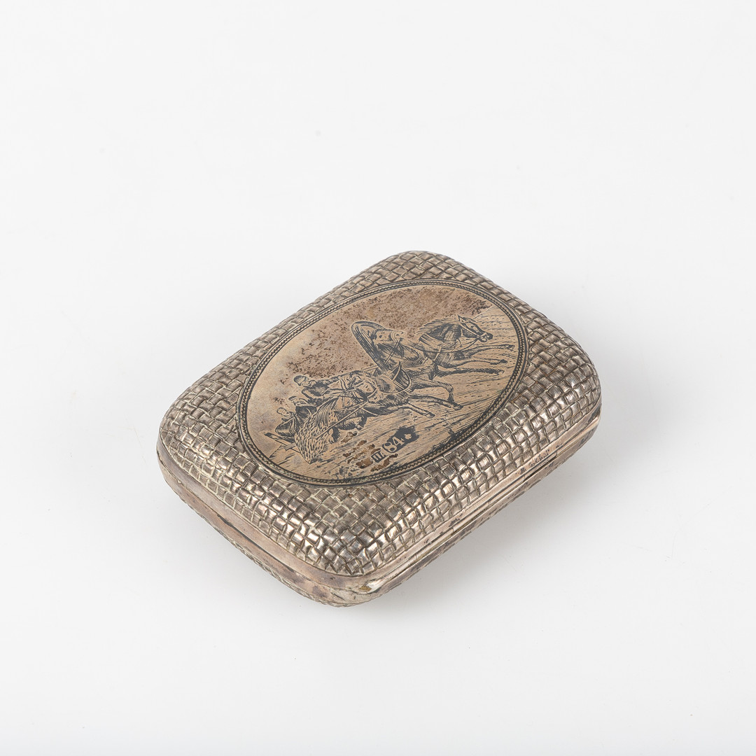 PYOTR ABROSIMOV (1869-1908). Moskwa, Börs, silver, rutmönster med motiv av trojka, Omkring 1900, gravyr "Ida"( Ida Tersmeden född 1885, sedermera gift Olrog).
