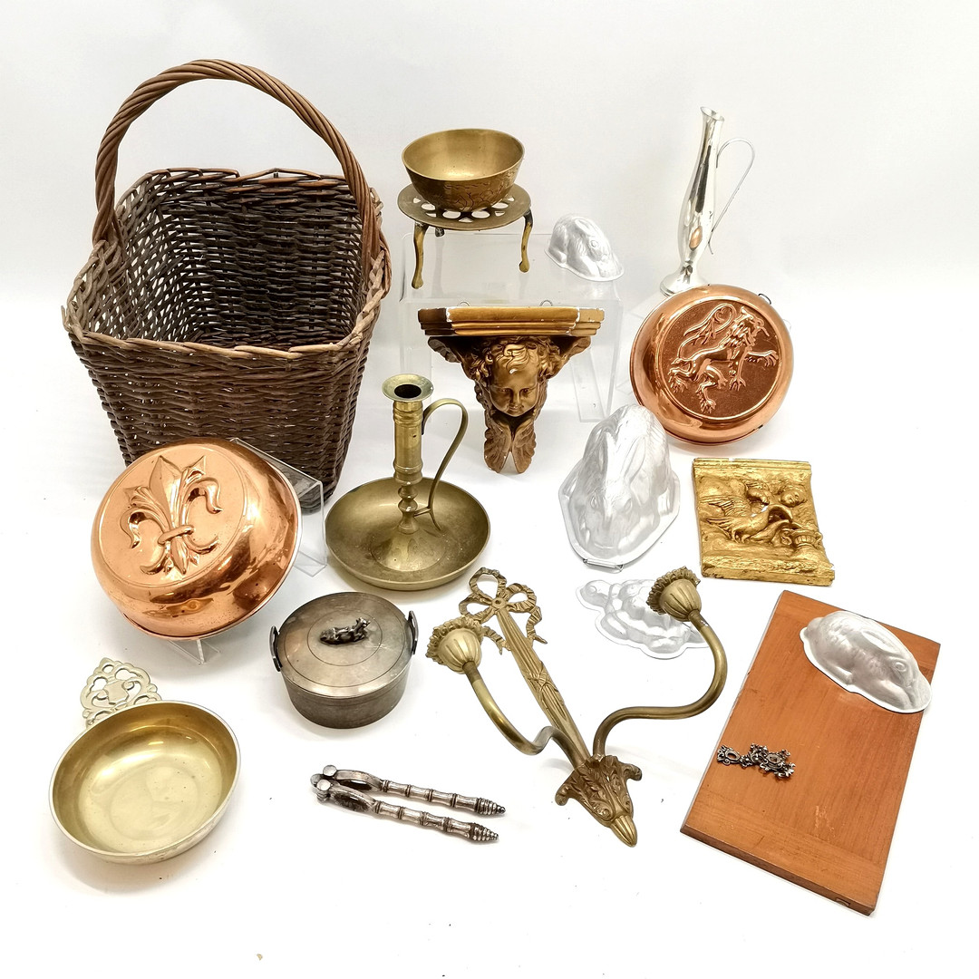 WICKER BASKET INC MISC ITEMS: SILVER PLATED BUTTER DISH, ALUMINIUM JELLY MOULDS ETC.