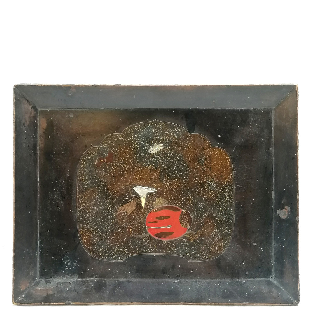 ANTIQUE ORIENTAL LACQUERED TRAY W/ SHIBAYAMA INSECT DETAIL.