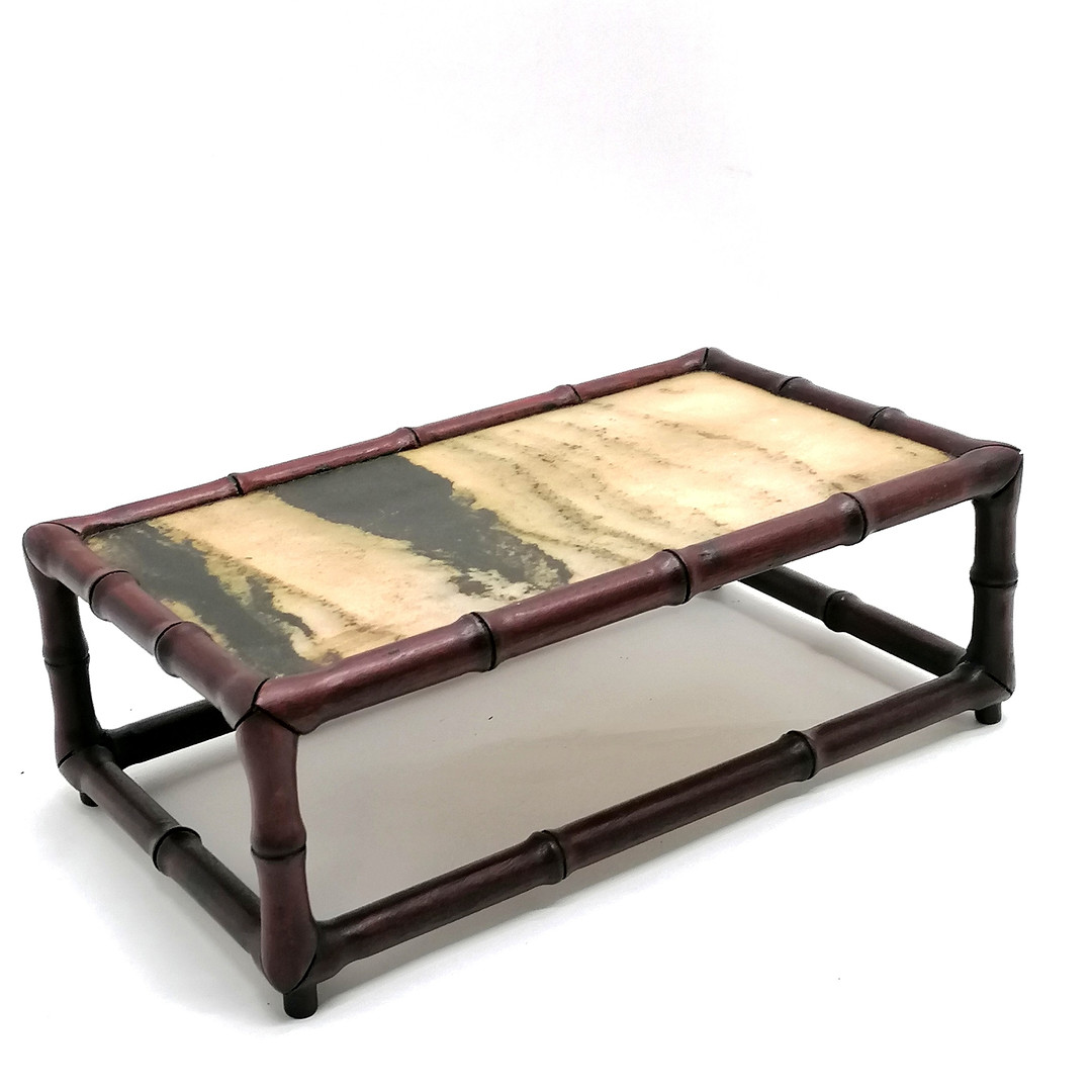 ORIENTAL HARDWOOD STAND W/ STONE PANEL TO TOP OF FAUX BAMBOO DESIGN.