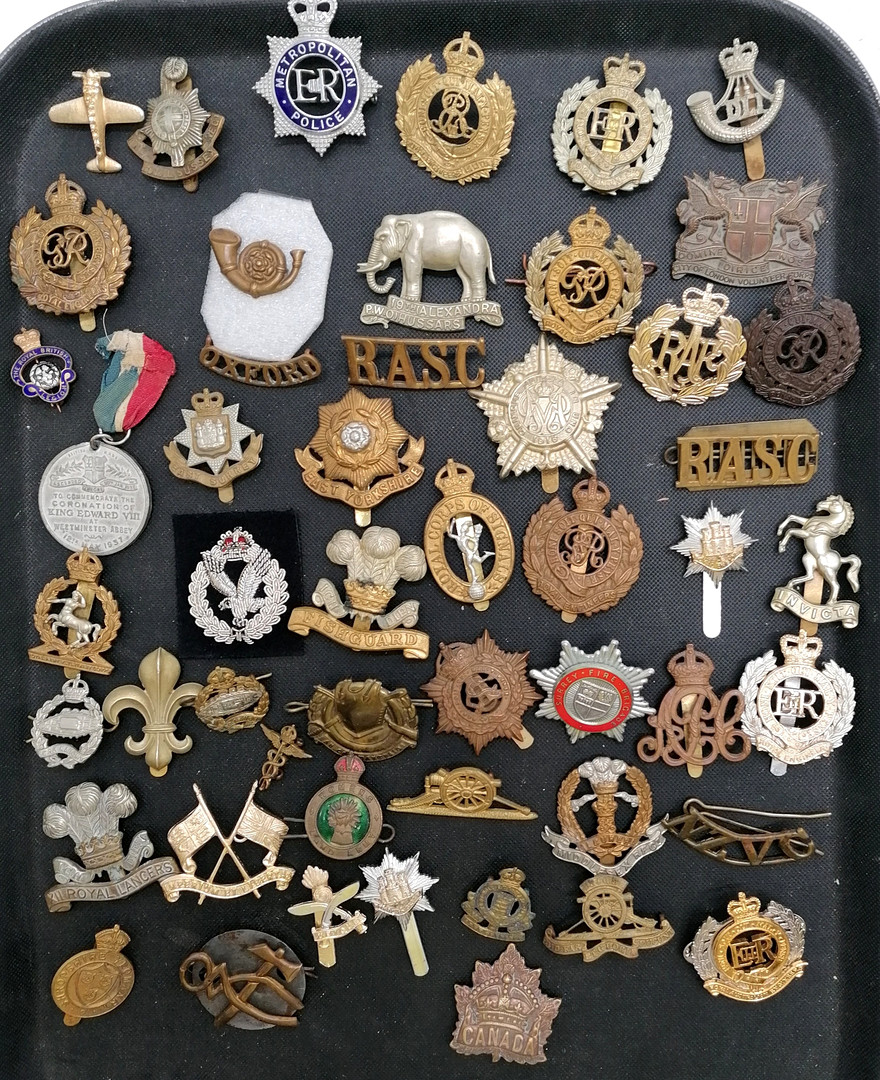 QTY OF MILITARIA- CAP BADGES, SHOULDER TITLES, ENAMEL WOMENS LAND ARMY, ETC.