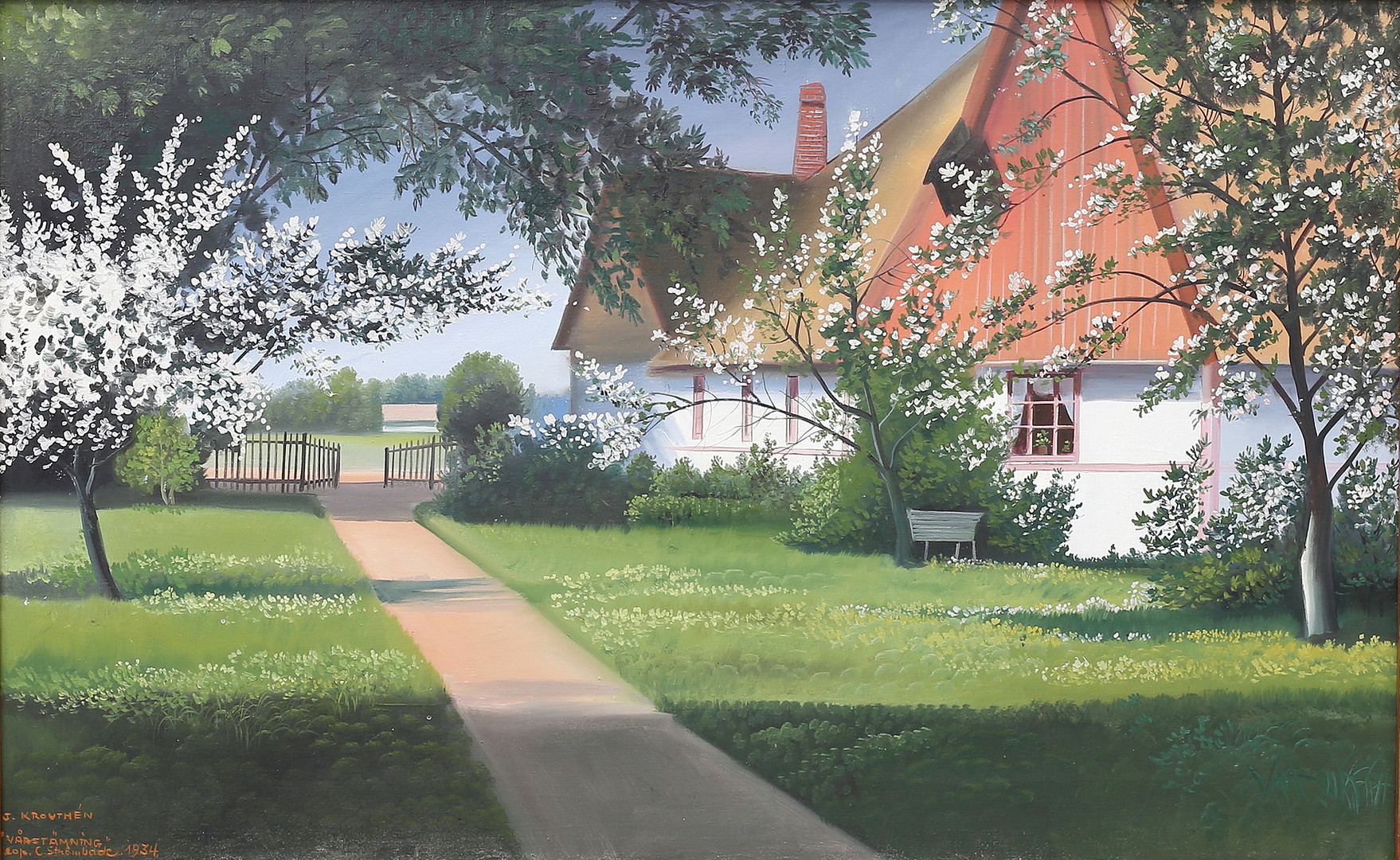 CARL STRÖMBÄCK. "Vårstämning", olja på duk, kopiemålning efter Johan Krouthén, signerad, daterad 1934.
