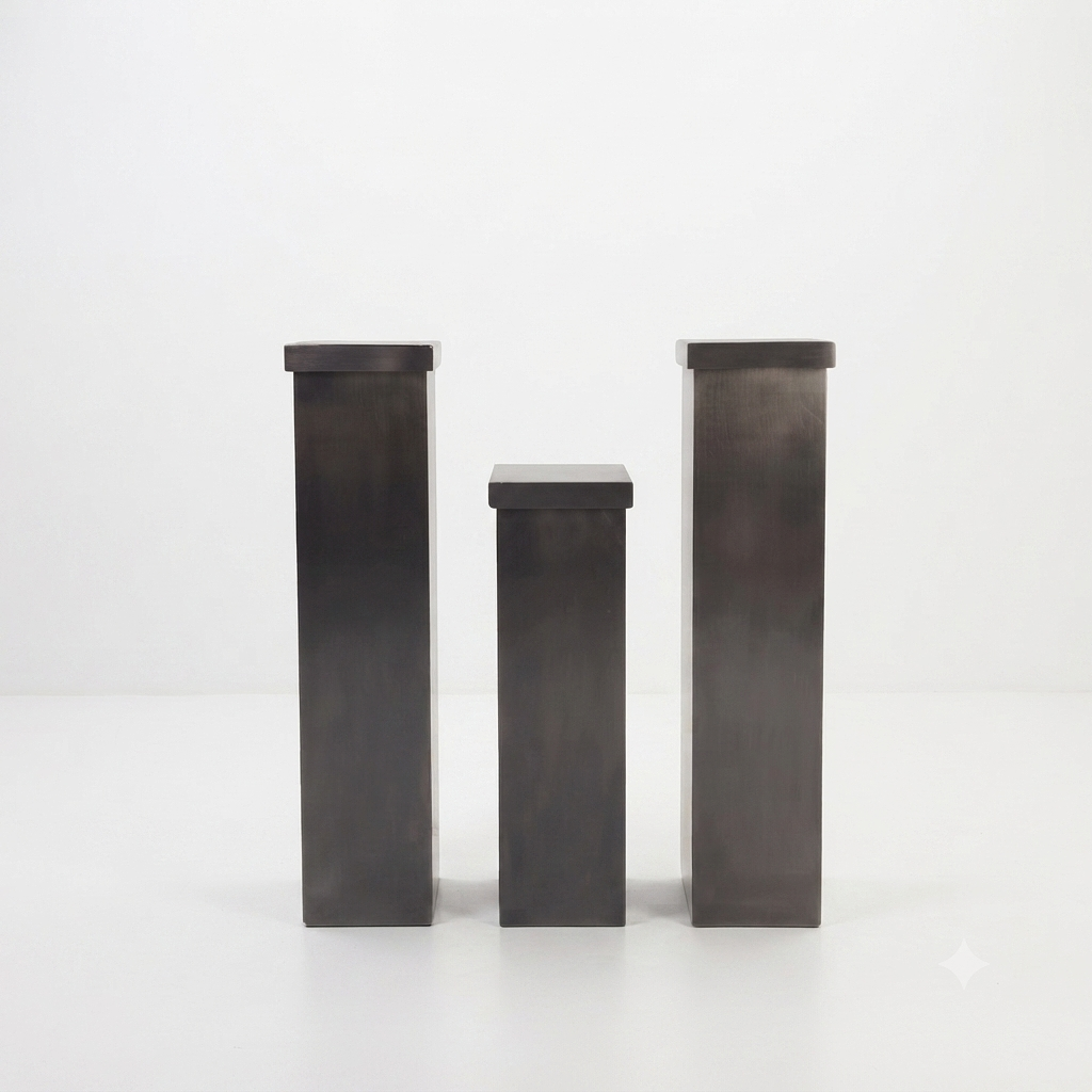 Tres columnas peanas expositoras en madera lacada negra.