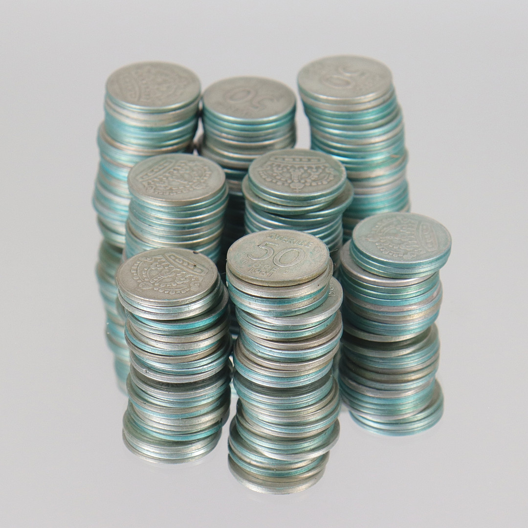 SILVERMYNT, svenska 50 öringar, totalt 768 gram.