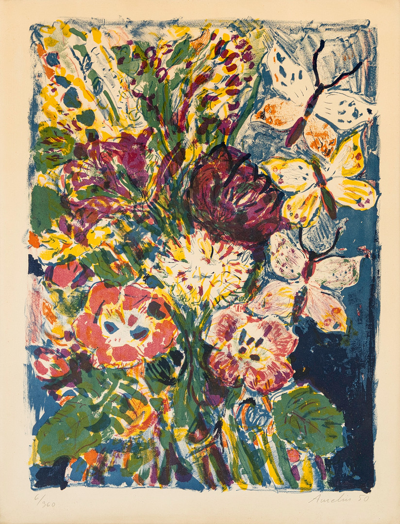 ALBIN AMELIN. Blomsterstilleben, färglitografi, signerad, numrerad 6/360, daterad 50.