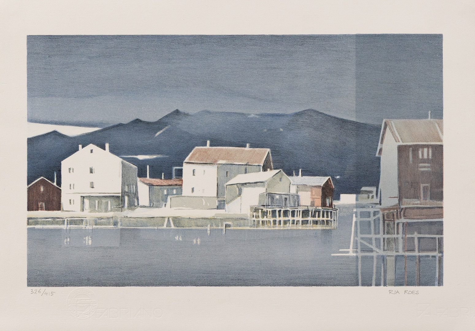 RIA ROES SCHWARTZ  (HOLLAND/SVERIGE, FÖDD 1939). Kustbild från Lofoten, litografi nr 326/415, signerad.