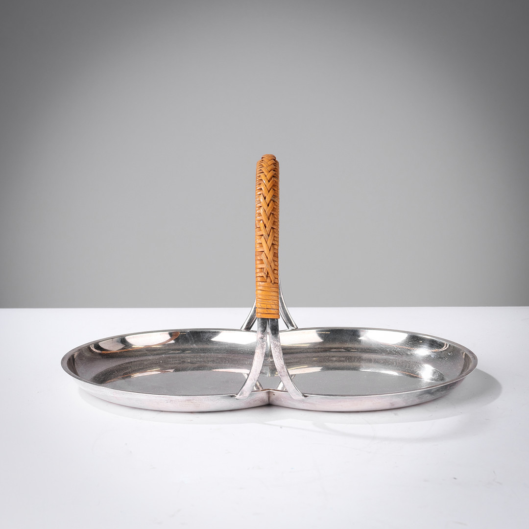 MAJA-LISA OHLSON (1891–1941). Tray of silver plated metal with rattan-wrapped handle, GAB (Guldsmedsaktiebolaget), Sweden, 1940s/50s.