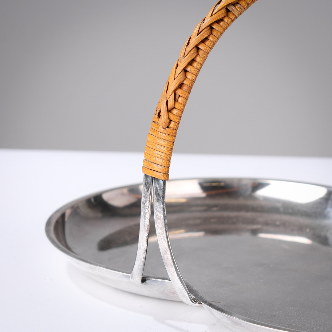 MAJA-LISA OHLSON (1891–1941). Tray of silver plated metal with rattan-wrapped handle, GAB (Guldsmedsaktiebolaget), Sweden, 1940s/50s.