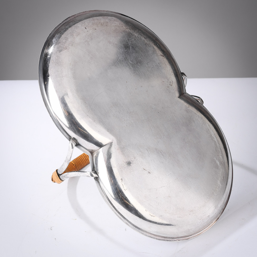 MAJA-LISA OHLSON (1891–1941). Tray of silver plated metal with rattan-wrapped handle, GAB (Guldsmedsaktiebolaget), Sweden, 1940s/50s.