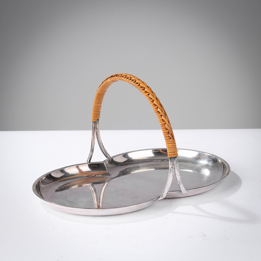 MAJA-LISA OHLSON (1891–1941). Tray of silver plated metal with rattan-wrapped handle, GAB (Guldsmedsaktiebolaget), Sweden, 1940s/50s.