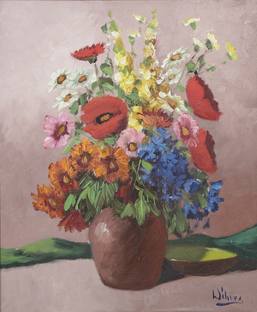 OIDENTIFIERAD KONSTNÄR. Blomsterstilleben, Olja på duk, signerad William.