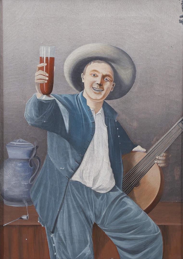 OIDENTIFIERAD KONSTNÄR. Lutaspelare höjer glas. Olja på duk, signerad N.A och daterad 1896.