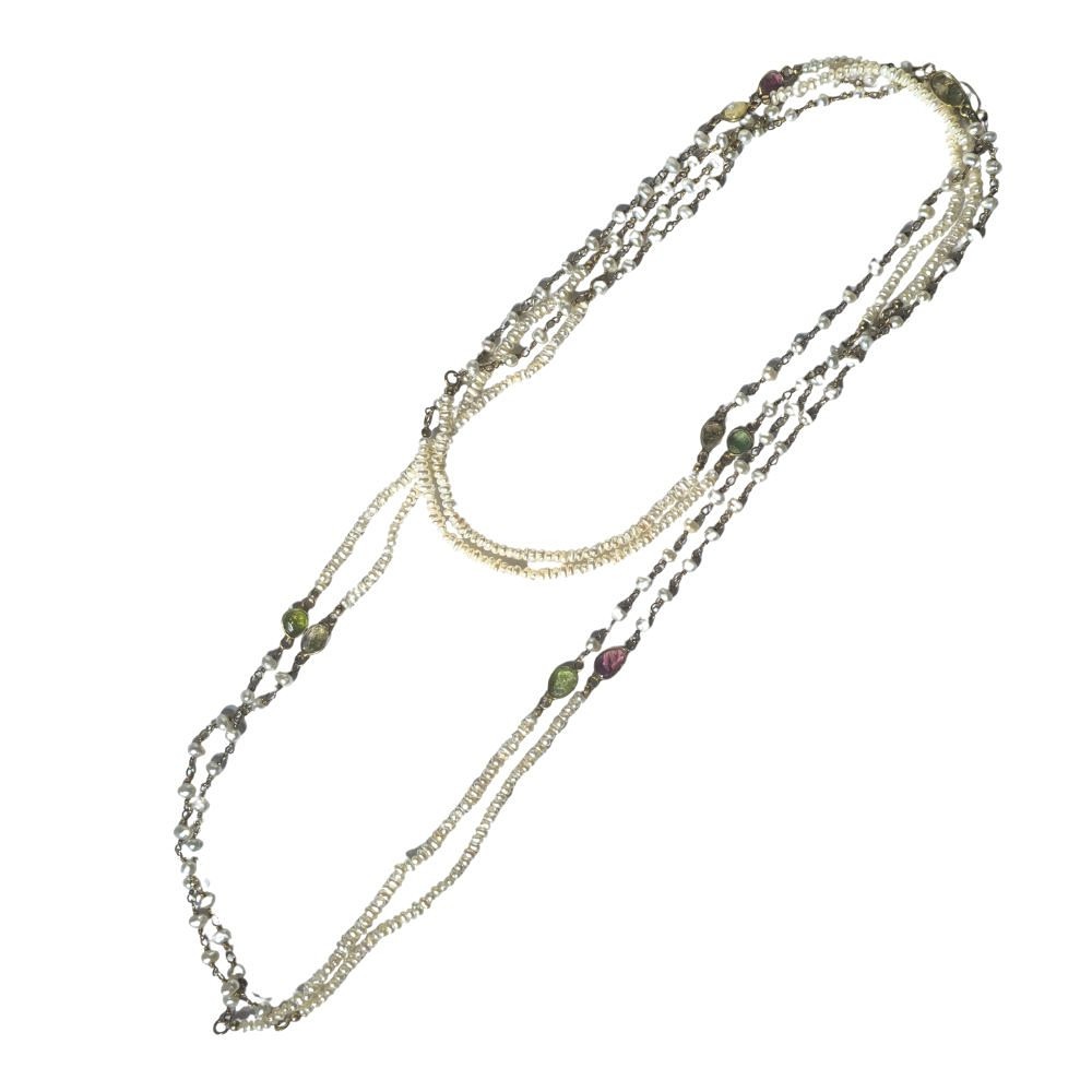 Collar en plata con baño de oro, turmalinas y perla natural.