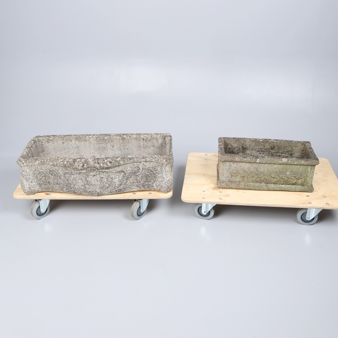 2 COMPOSITION STONE TROUGH PLANTERS.