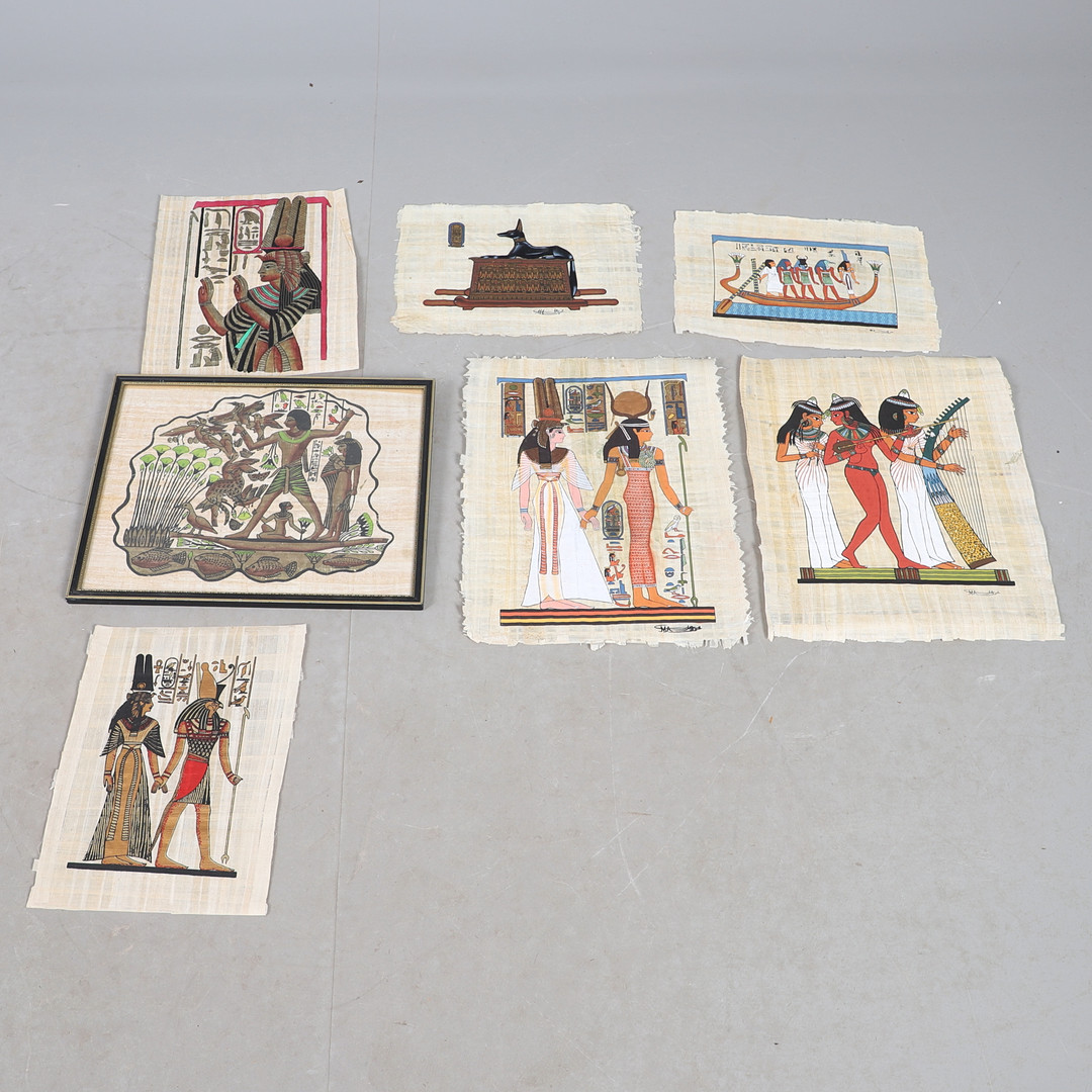 SEVEN 20TH CENTURY EGYPTIAN PAINTINGS ON PAPYRUS.