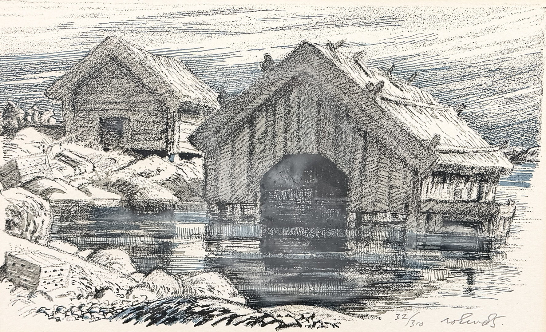 ROLAND SVENSSON. FÄRGLITOGRAFI, "Sjöbodar", signerad, numrerad 32/310.
