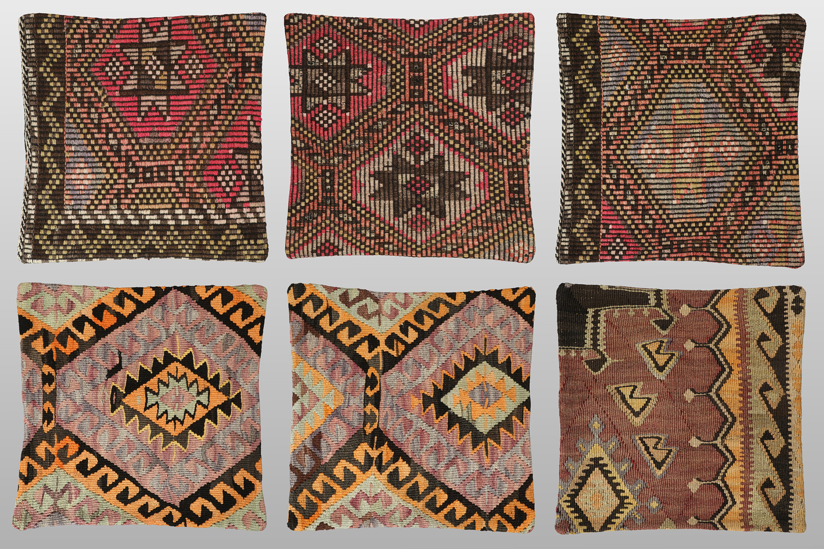KUDDFODRAL. Parti Kuddfodral 6st, anatoliska Kelim fragment, 50 x 50 cm.