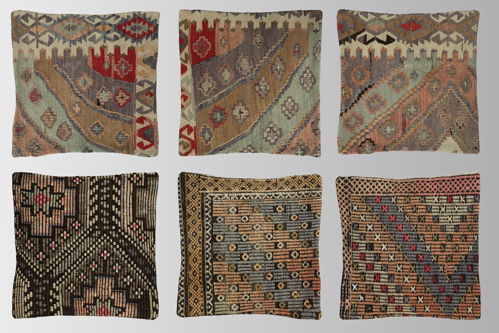 KUDDFODRAL. Parti Kuddfodral 6st, anatoliska Kelim fragment, 50 x 50 cm.