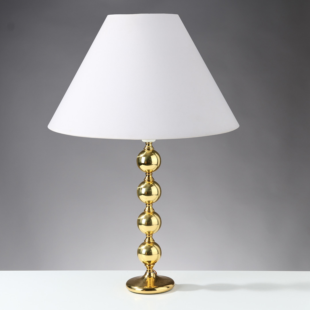 TABLE lamp in brass in 'bobbin' style, presumably Swedish or Danish lamp manufacturer, 20th century.