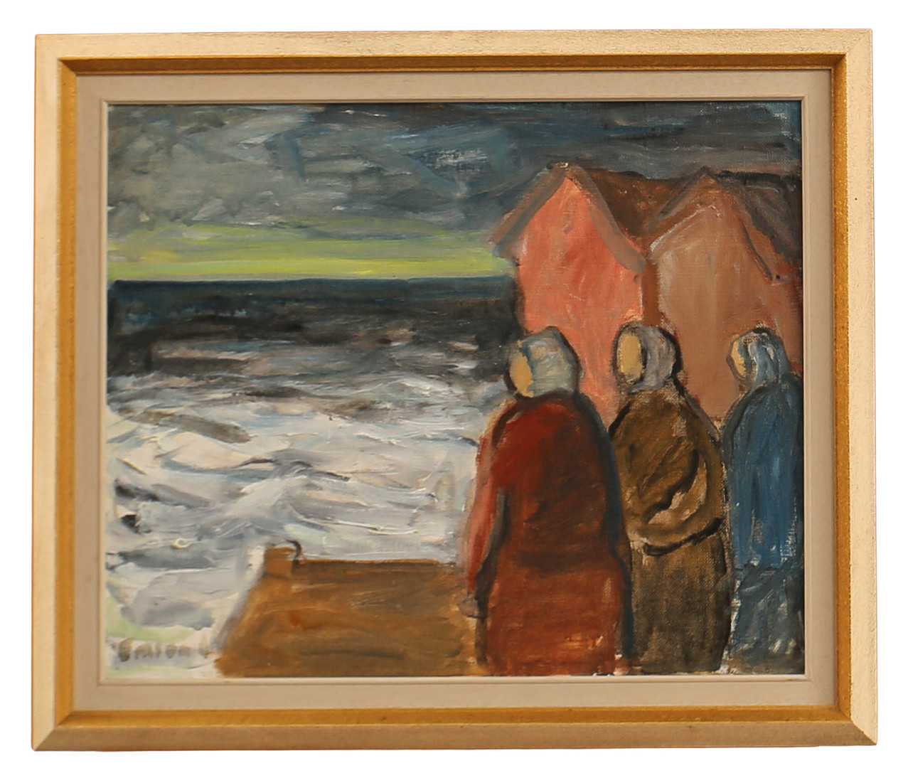 EINAR EMLAND. Olja på duk, "Väntan på båten", signerad Emland.