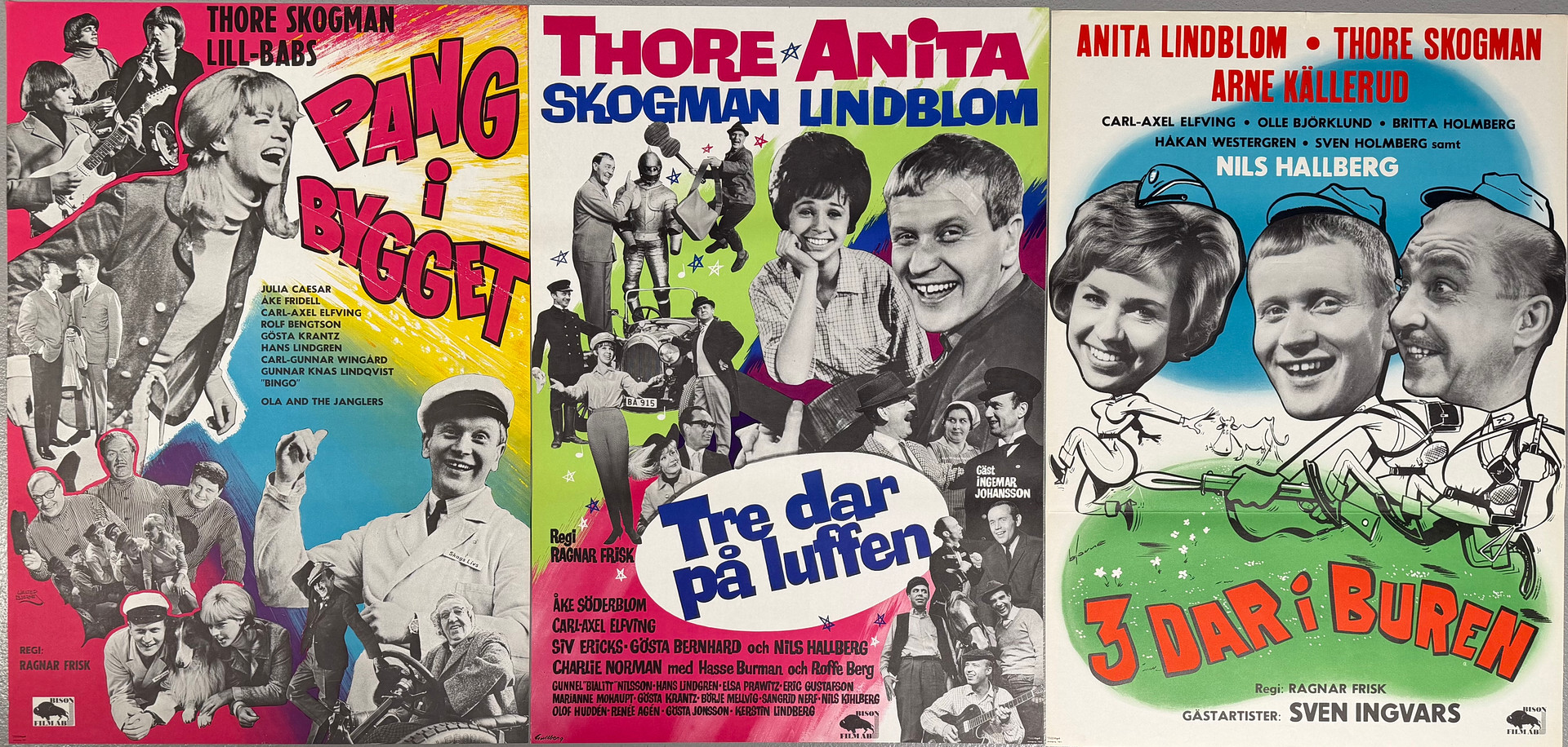 FILMAFFISCHER, 3 st, 1960-tal, varav: "Tre dagar i buren", tryckår 1963. "Tre dagar på luffen", tryckår 1964. "Pang i bygget", tryckår 1965.