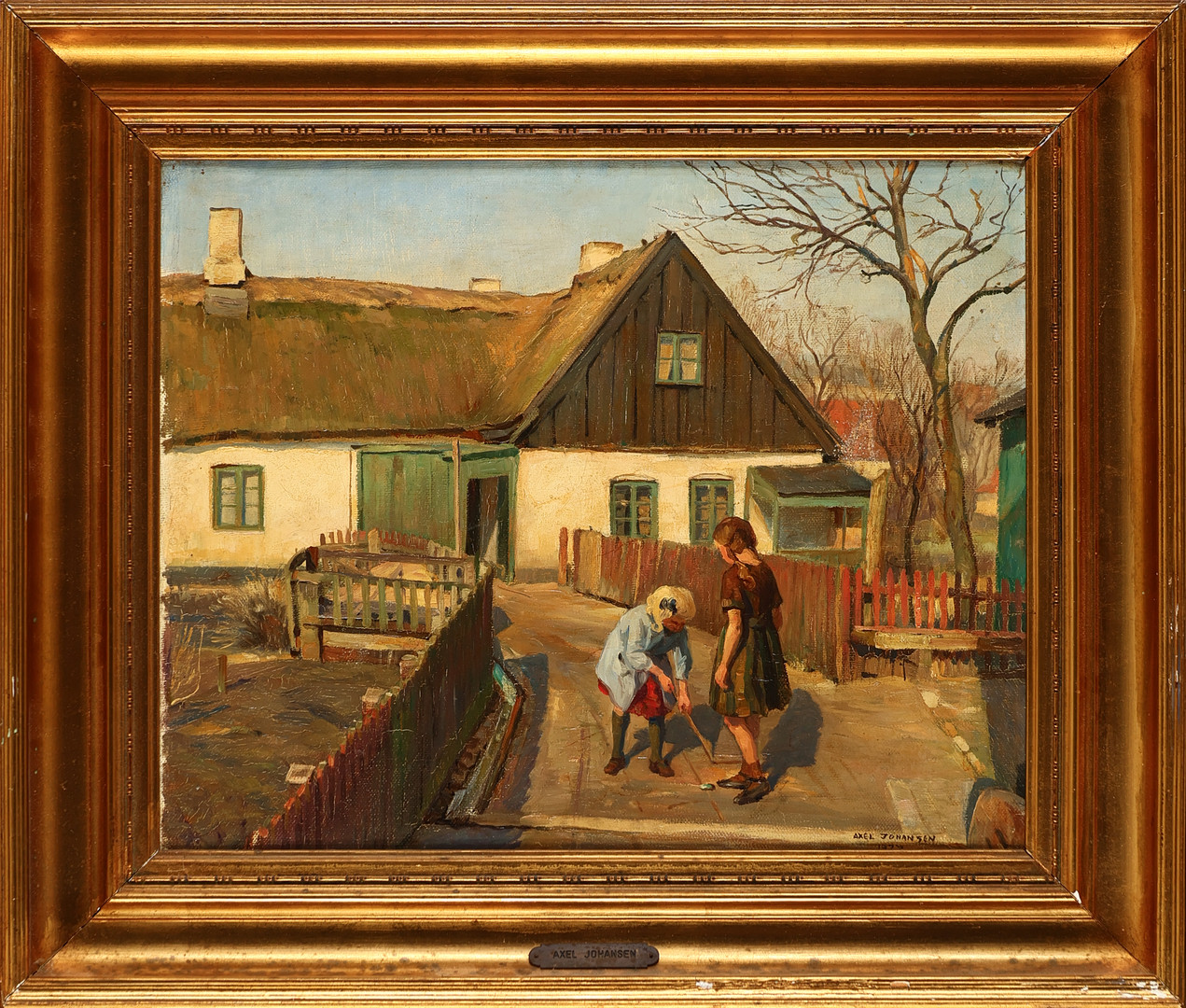 AXEL JOHANSEN (1872-1938). Motiv med legende børn i landsbymiljø (Englandsvej, Sundby på Amager), olie på lærred, signeret og dateret 1927.