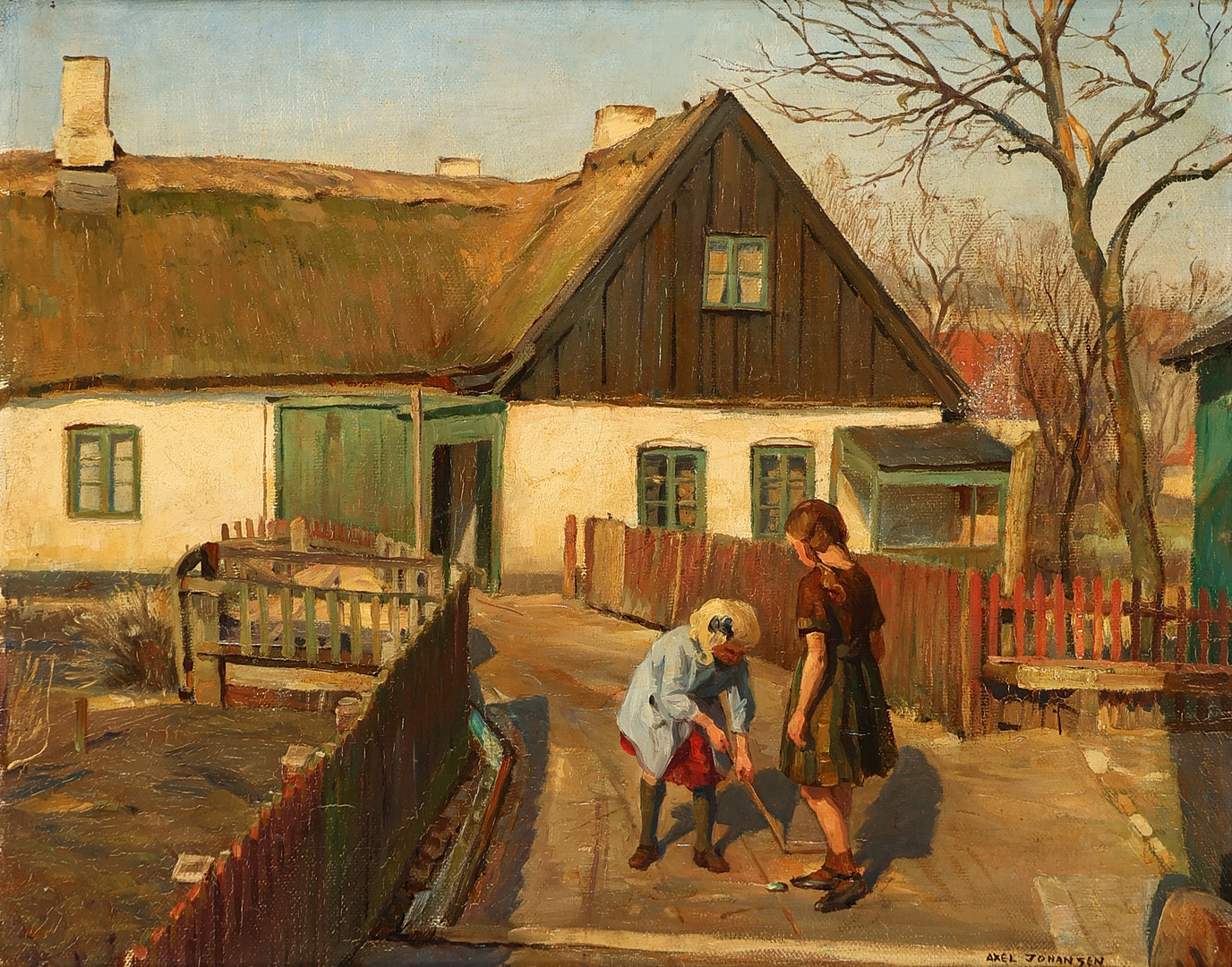 AXEL JOHANSEN (1872-1938). Motiv med legende børn i landsbymiljø (Englandsvej, Sundby på Amager), olie på lærred, signeret og dateret 1927.