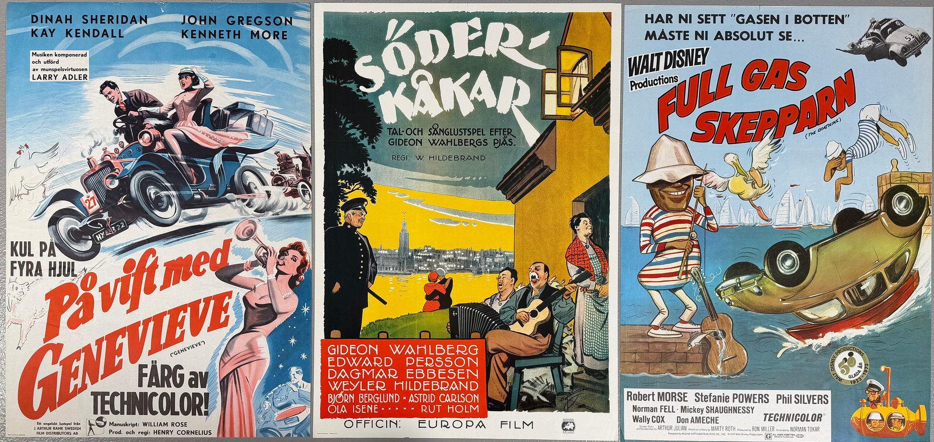 FILMAFFISCHER, 3 st, 1950-1970-tal, "På vift med Genevieve", tryckår 1953. "Full gas Skepparn", tryckår 1970, Disney Productions, "Söderkåkar", 1932/tryckår 1970(reproduktion).