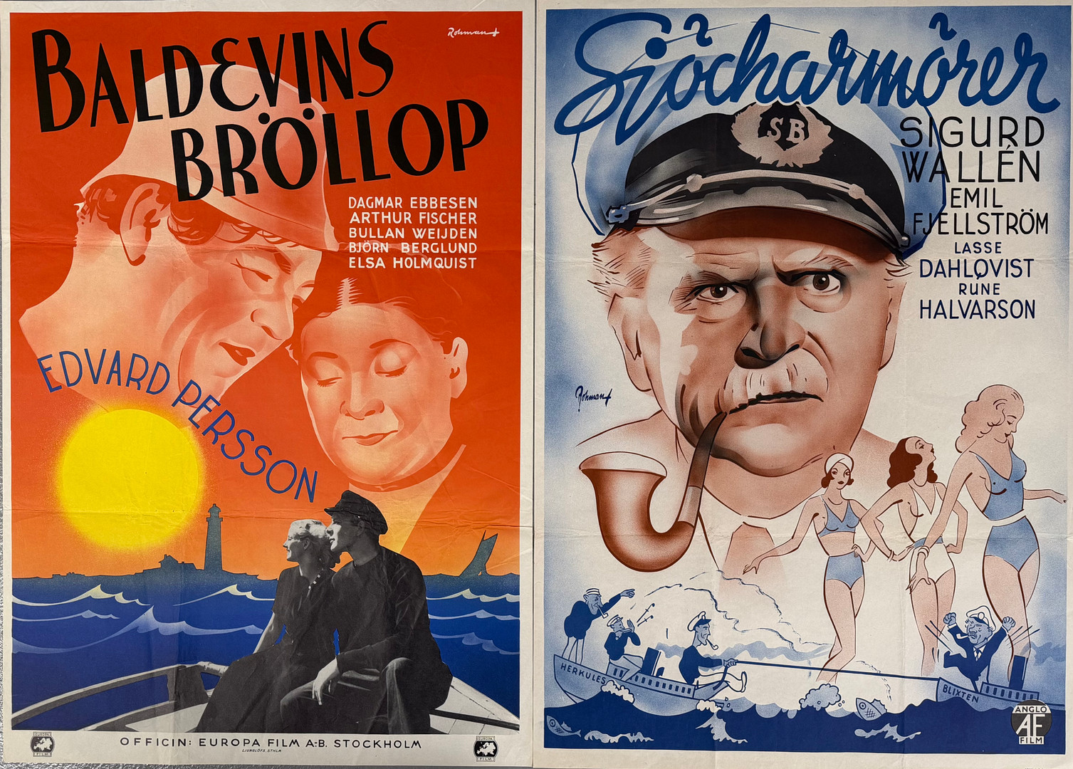 FILMAFFISCHER, 2 st, 1930-tal, "Baldevins bröllop", tryckår 1938, design Erik Rohman. "Sjöcharmörer", tryckår 1939, design Erik Rohman.
