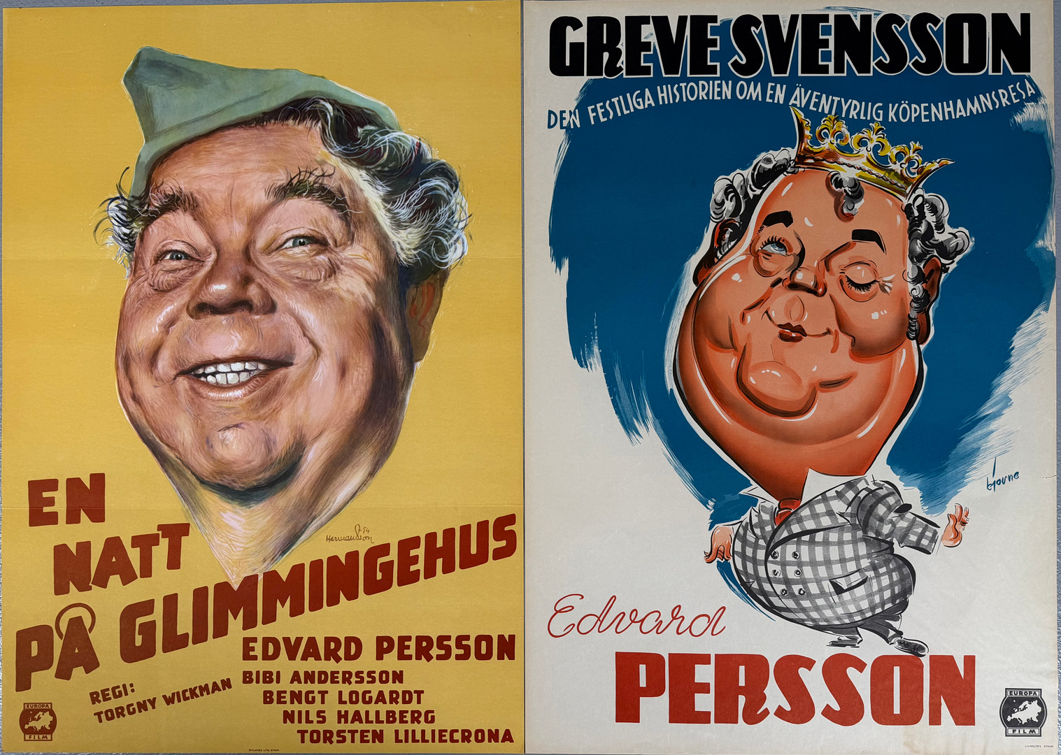 FILMAFFISCHER, 2 st, 1950-tal, "Greve Svensson", tryckår 1951, design Walter Bjorne, "En natt på Glimmingehus", tryckår 1954, design Hermansson.