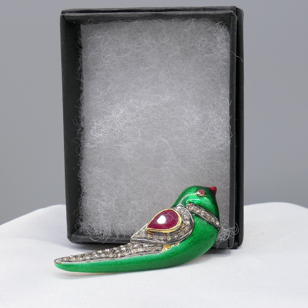 LOVE BIRD BROOCH, rubies, diamonds & enamel.