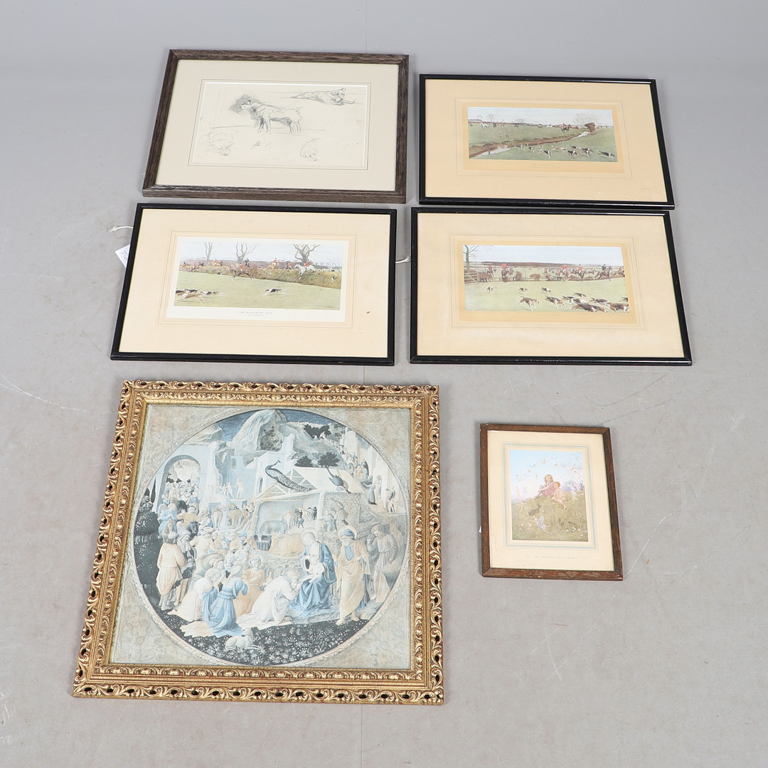 THREE PRINTS AFTER CECIL ALDIN (1870-1935); A PENCIL SKETCH OF A TERRIER BT ANN BULLEN, AND OTHER PICTURES & PRINTS (6).