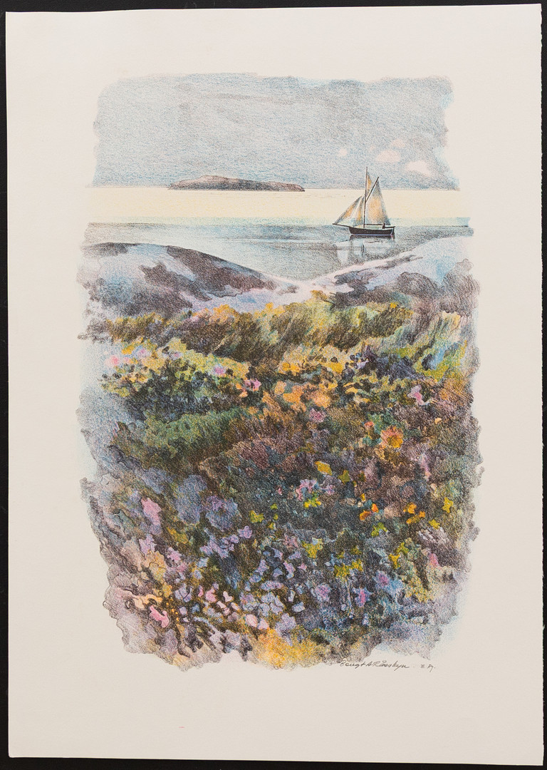 BENGT ANDERSSON RÅSSBYN (1931–2008). Segelbåt i skärgård, litografi nr EA, signerad.