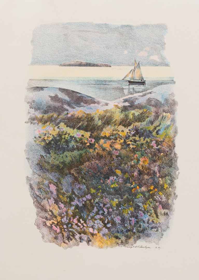 BENGT ANDERSSON RÅSSBYN (1931–2008). Segelbåt i skärgård, litografi nr EA, signerad.