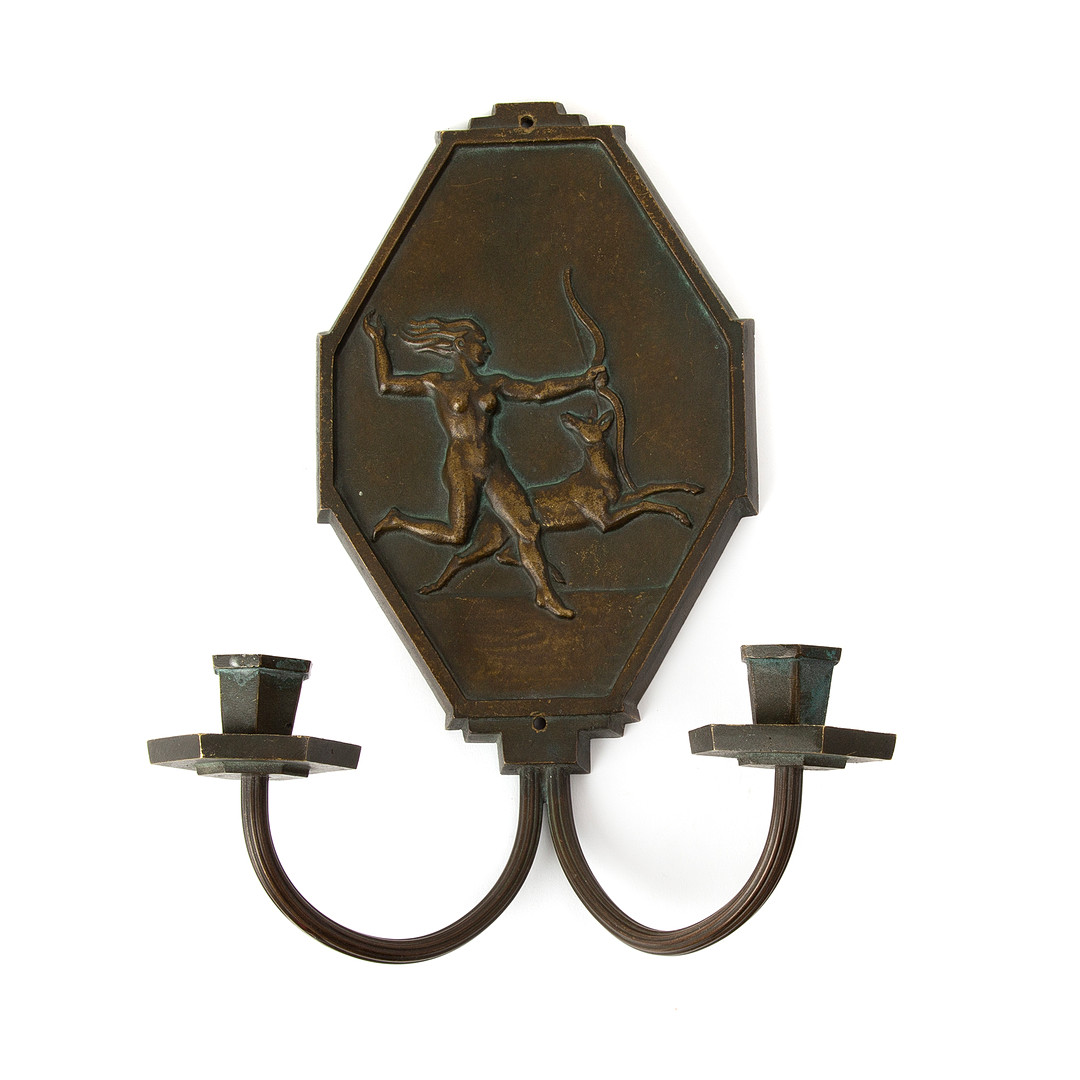 LAMPETT. Tvåarmad, patinerad brons, Art deco.