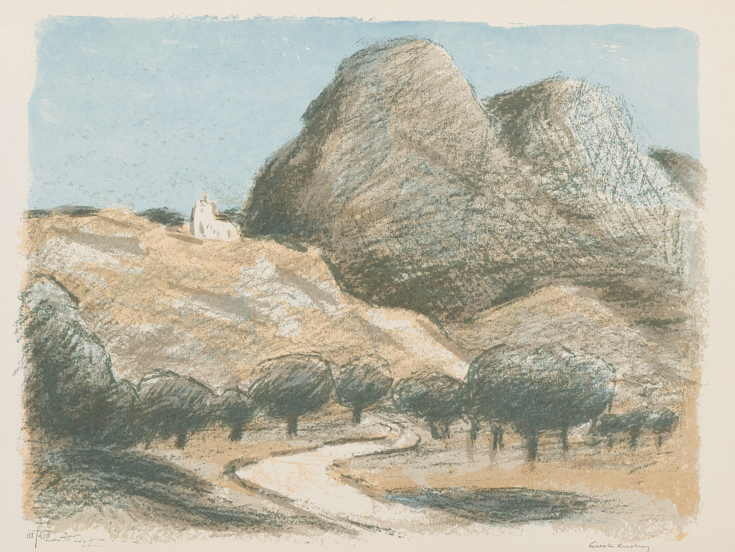 GUSTAV RUDBERG. Kyrka i landskap, litografi nr 188/240, signerad.