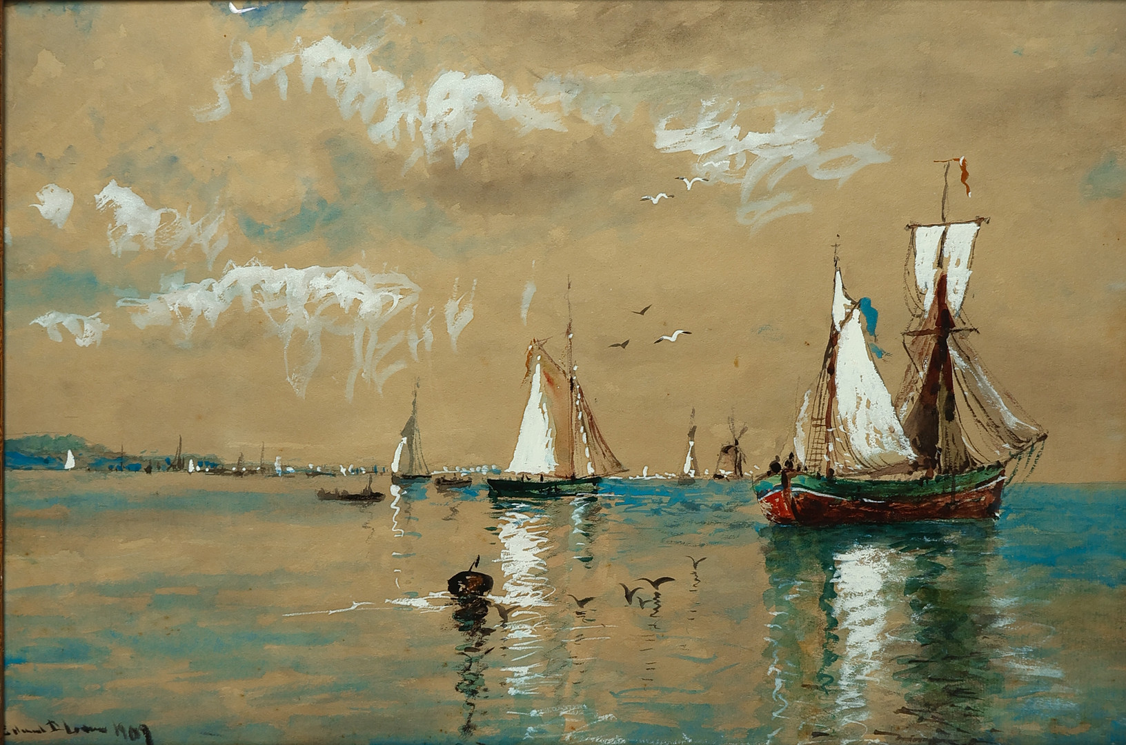 UBEKENDT KUNSTNER. Marine motiv, akvarel og gouache, signeret og dateret 1909.