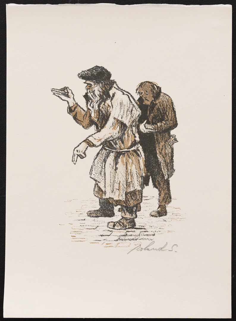 ROLAND SVENSSON. Parti grafik 2 st, Tecknare med hund och Tiggare, litografier, signerade.
