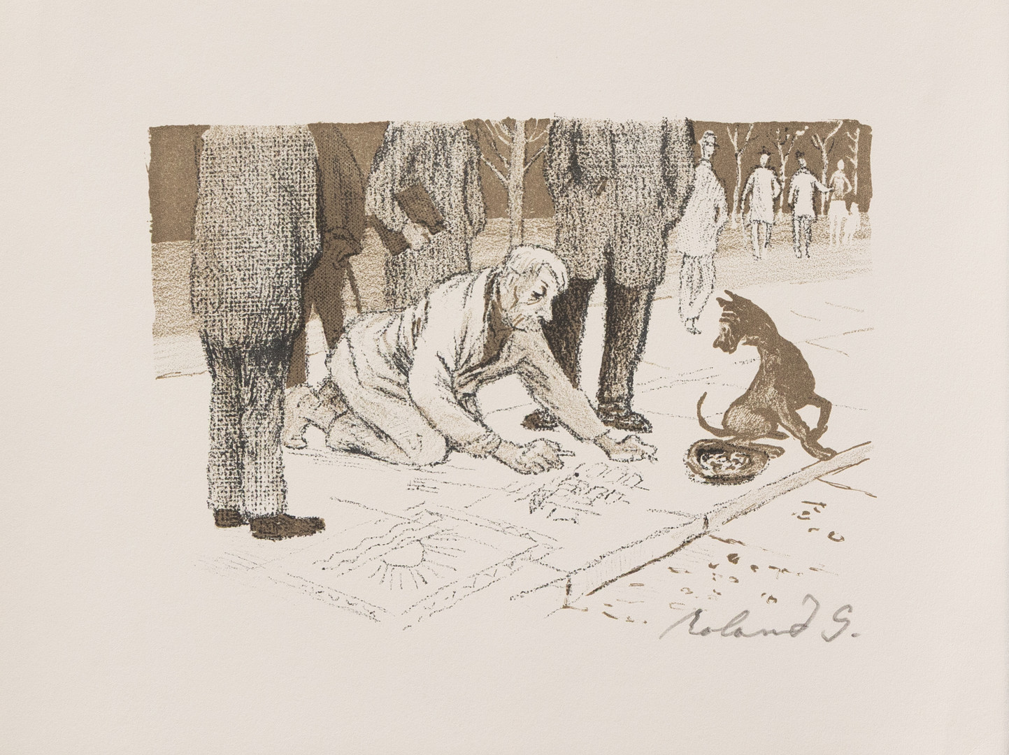 ROLAND SVENSSON. Parti grafik 2 st, Tecknare med hund och Tiggare, litografier, signerade.