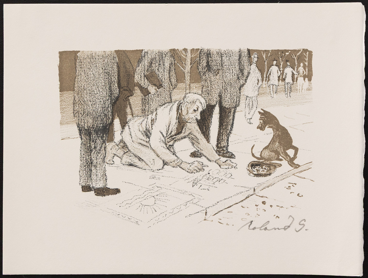 ROLAND SVENSSON. Parti grafik 2 st, Tecknare med hund och Tiggare, litografier, signerade.