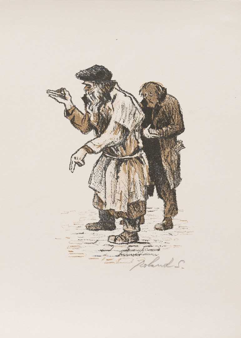 ROLAND SVENSSON. Parti grafik 2 st, Tecknare med hund och Tiggare, litografier, signerade.