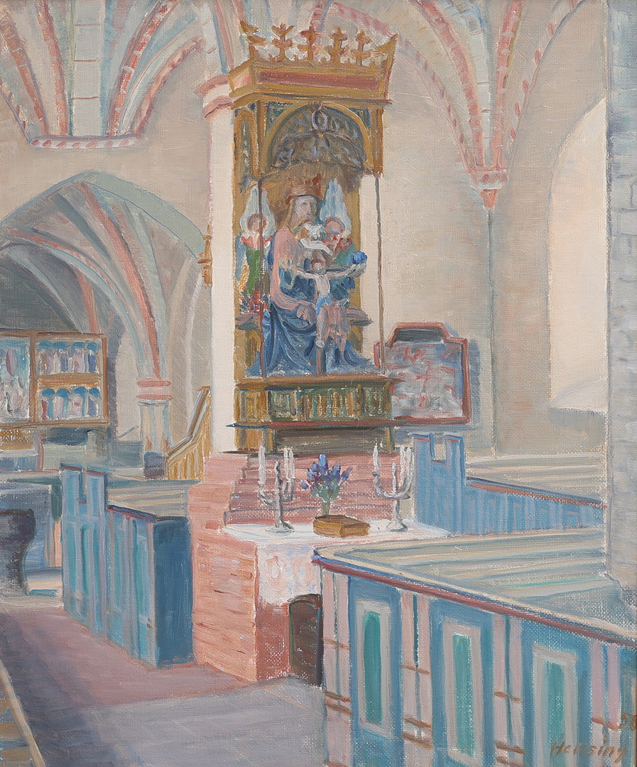 GUSTAF HELLSING. KYRKOINTERIÖR, SANKT OLOF, OLJA PÅ PANNÅ, SIGNERAD 58.